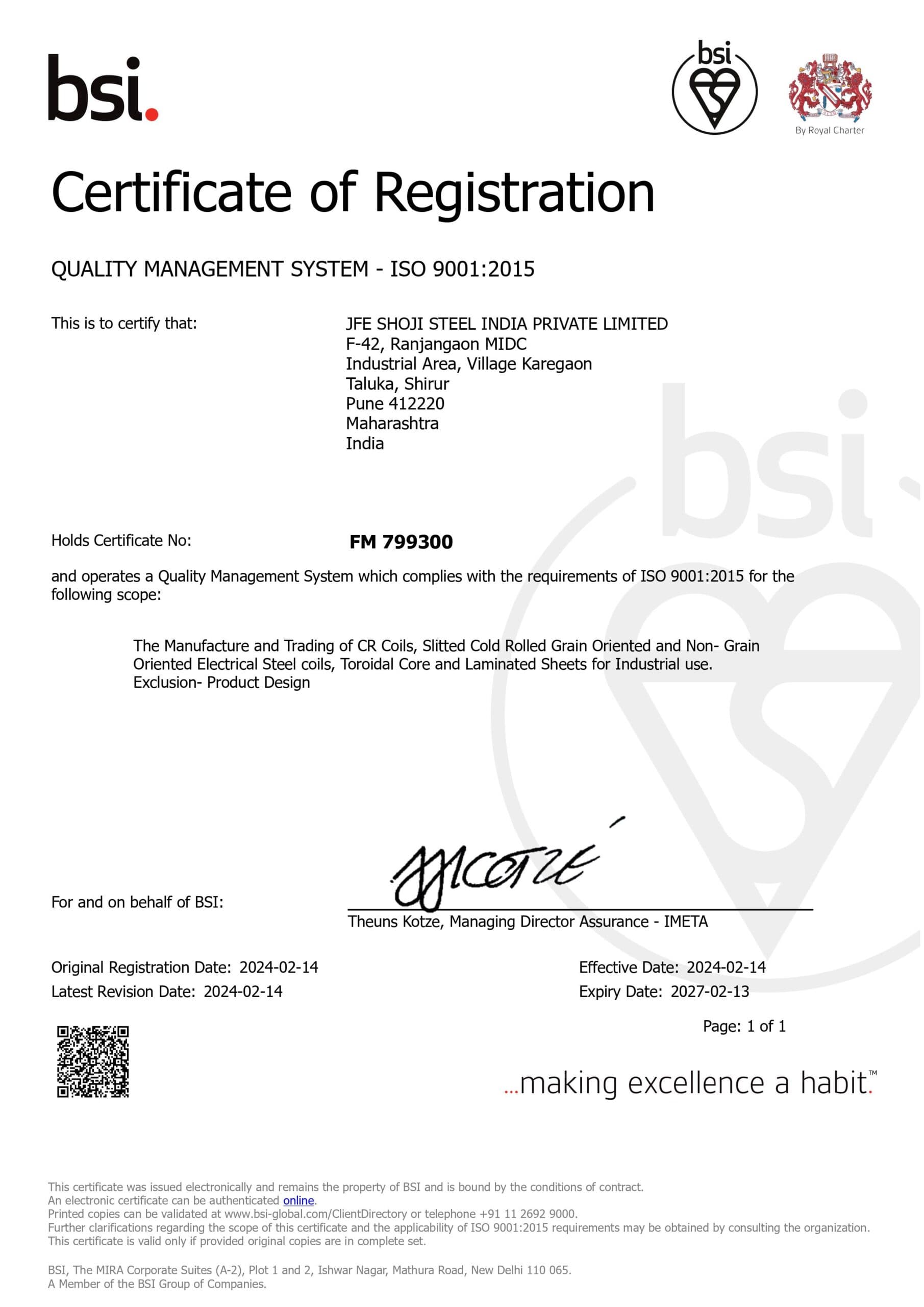 Bureau of Indian Standards - Certificate of Conformity